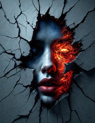 The primary subject of the image is a woman with a red and blue face, which appears to be a digital art or illustration. The setting is a wall with a cracked surface, and the visual style suggests that the image is a creative and artistic representation of the woman's face. The colors and mood of the image are bold and striking, with the red and blue colors representing a contrasting and dramatic effect.